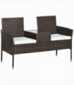 Outsunny 2 Seat Rattan Garden Bench with Padded Cushions, Brown/ Cream White