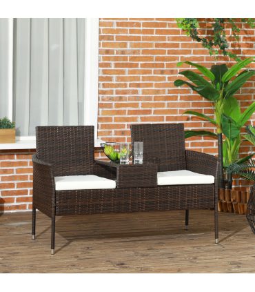 Outsunny 2 Seat Rattan Garden Bench with Padded Cushions, Brown/ Cream White