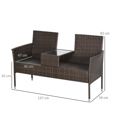 Outsunny 2 Seat Rattan Garden Bench with Padded Cushions, Brown/ Cream White