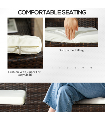 Outsunny 2 Seat Rattan Garden Bench with Padded Cushions, Brown/ Cream White