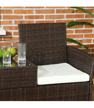 Outsunny 2 Seat Rattan Garden Bench with Padded Cushions, Brown/ Cream White