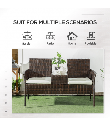 Outsunny 2 Seat Rattan Garden Bench with Padded Cushions, Brown/ Cream White