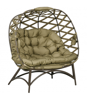 Outsunny 2 Seater Egg Chair Outdoor with Cushion, Cup Pockets - Khaki
