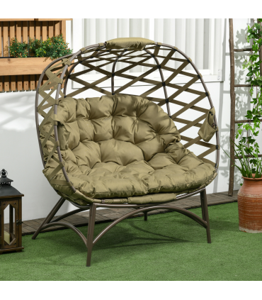 Outsunny 2 Seater Egg Chair Outdoor with Cushion, Cup Pockets - Khaki