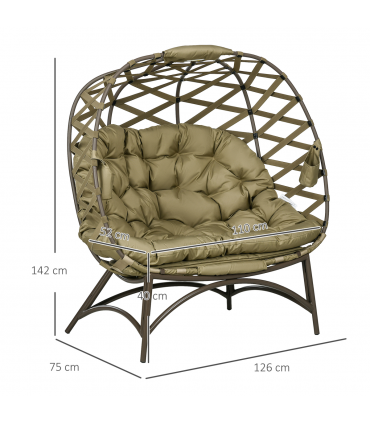 Outsunny 2 Seater Egg Chair Outdoor with Cushion, Cup Pockets - Khaki