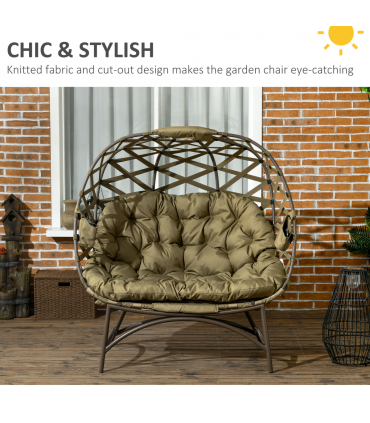 Outsunny 2 Seater Egg Chair Outdoor with Cushion, Cup Pockets - Khaki