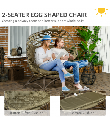 Outsunny 2 Seater Egg Chair Outdoor with Cushion, Cup Pockets - Khaki
