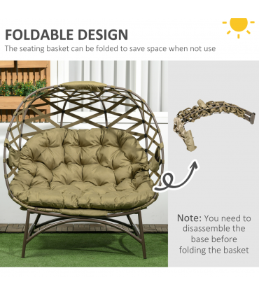 Outsunny 2 Seater Egg Chair Outdoor with Cushion, Cup Pockets - Khaki