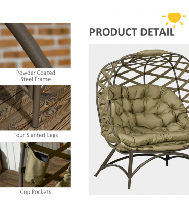Outsunny 2 Seater Egg Chair Outdoor with Cushion, Cup Pockets - Khaki