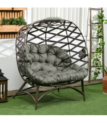 Outsunny 2 Seater Egg Chair Outdoor with Cushion, Cup Pockets - Sand Brown