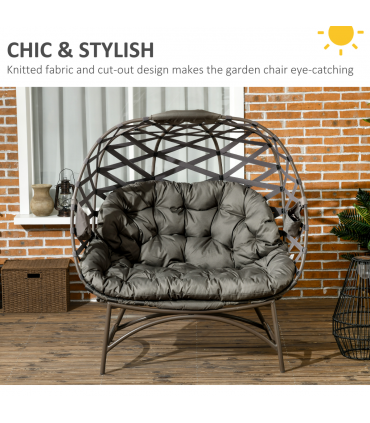 Outsunny 2 Seater Egg Chair Outdoor with Cushion, Cup Pockets - Sand Brown