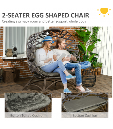 Outsunny 2 Seater Egg Chair Outdoor with Cushion, Cup Pockets - Sand Brown