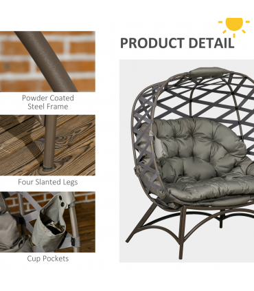 Outsunny 2 Seater Egg Chair Outdoor with Cushion, Cup Pockets - Sand Brown