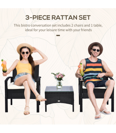 Outsunny 2 Seater Rattan Bistro Set, Steel-Black