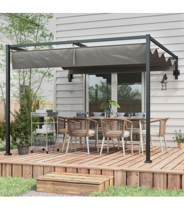 Outsunny 2 x 3(m) Wall Mounted Pergola with Retractable Sun Shade Canopy