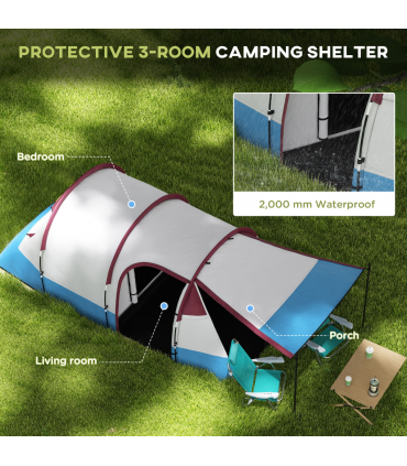 Outsunny 2-3 Man Camping Tunnel Tent with Bedroom and Living Room, Red