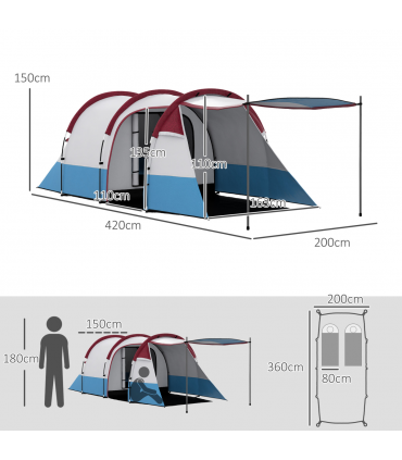 Outsunny 2-3 Man Camping Tunnel Tent with Bedroom and Living Room, Red