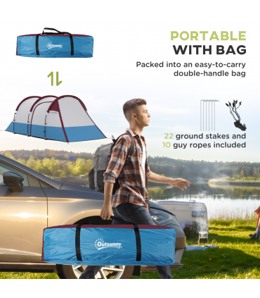 Outsunny 2-3 Man Camping Tunnel Tent with Bedroom and Living Room, Red