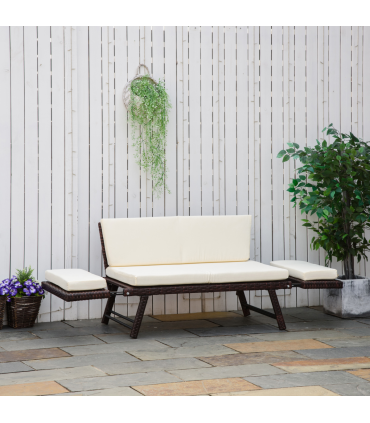 Outsunny 2-Seater 2-in-1 Rattan Convertible Sofa Daybed Brown