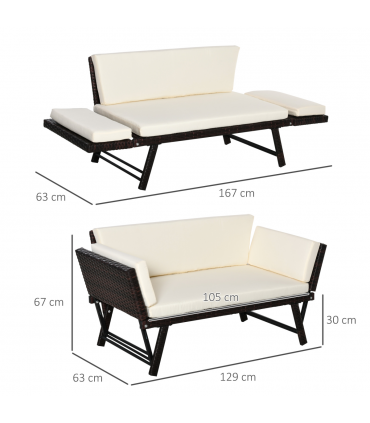 Outsunny 2-Seater 2-in-1 Rattan Convertible Sofa Daybed Brown