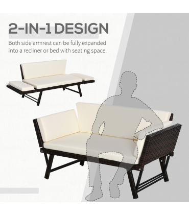 Outsunny 2-Seater 2-in-1 Rattan Convertible Sofa Daybed Brown