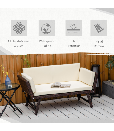 Outsunny 2-Seater 2-in-1 Rattan Convertible Sofa Daybed Brown