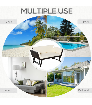 Outsunny 2-Seater 2-in-1 Rattan Convertible Sofa Daybed Brown