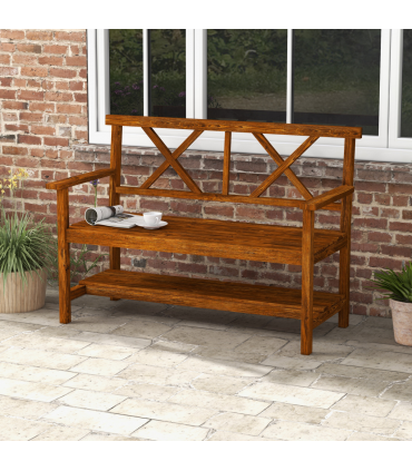 Outsunny 2-Seater Garden Bench Wooden Outdoor Bench w/ Storage Shelf Carbonized