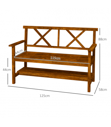 Outsunny 2-Seater Garden Bench Wooden Outdoor Bench w/ Storage Shelf Carbonized