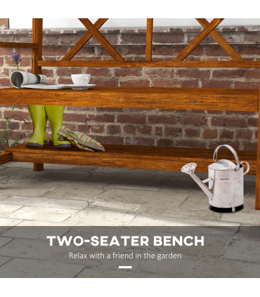 Outsunny 2-Seater Garden Bench Wooden Outdoor Bench w/ Storage Shelf Carbonized
