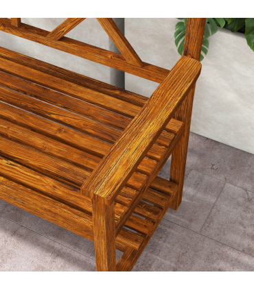 Outsunny 2-Seater Garden Bench Wooden Outdoor Bench w/ Storage Shelf Carbonized