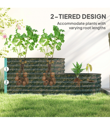 Outsunny 2-Tier Galvanised Raised Garden Bed with Safety Edging, Dark Green