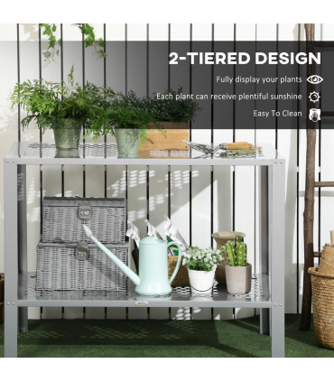Outsunny 2-Tier Plant Stand Storage Organizer Steel Display Shelf for Patio