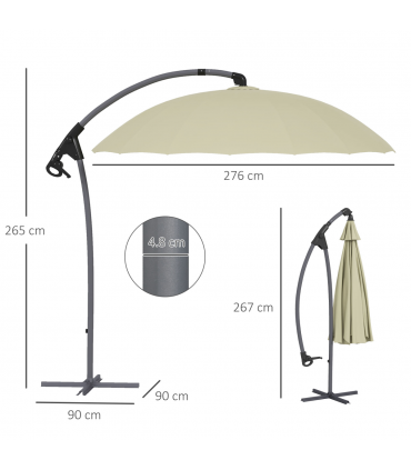 Outsunny 2.7m Cantilever Parasol with Cross Base, Crank Handle, 16 Ribs, Beige