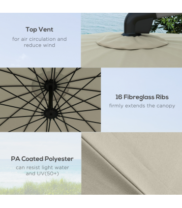 Outsunny 2.7m Cantilever Parasol with Cross Base, Crank Handle, 16 Ribs, Beige