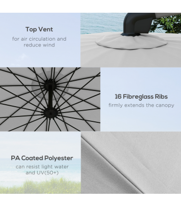 Outsunny 2.7m Cantilever Parasol with Cross Base, Crank Handle, 16 Ribs, Grey