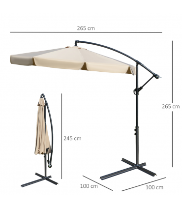 Outsunny 2.7m Garden Cantilever Banana Parasol Sun Shade w/ Crank, Light Brown