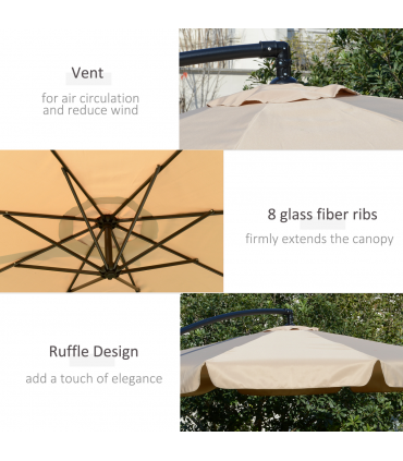 Outsunny 2.7m Garden Cantilever Banana Parasol Sun Shade w/ Crank, Light Brown