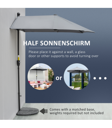 Outsunny 2m Half Garden Parasol Market Umbrella w/ Crank Handle, Base Dark Grey