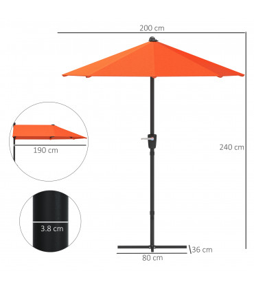 Outsunny 2m Half Garden Parasol Market Umbrella w/ Crank Handle, Orange