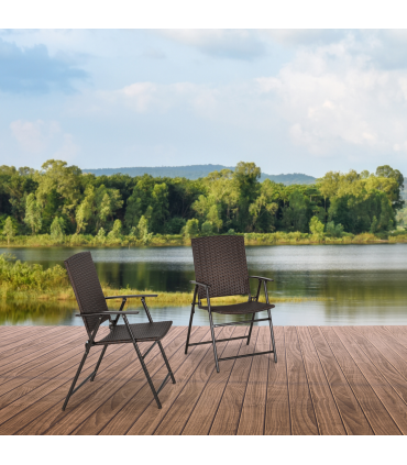 Outsunny 2pcs Rattan Chair Foldable Garden Furniture w/ Armrest Steel Frame