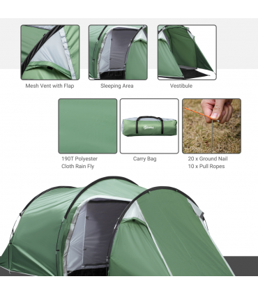 Outsunny 3 Man Camping Tent with Porch and Weather-Resistant Rainfly, Green