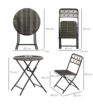 Outsunny 3 PCS Folding Rattan Wicker Bistro Set, Coffee Table Set, Grey