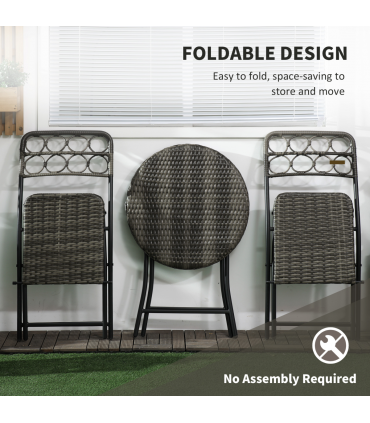 Outsunny 3 PCS Folding Rattan Wicker Bistro Set, Coffee Table Set, Grey