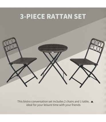 Outsunny 3 PCS Folding Rattan Wicker Bistro Set, Coffee Table Set, Grey