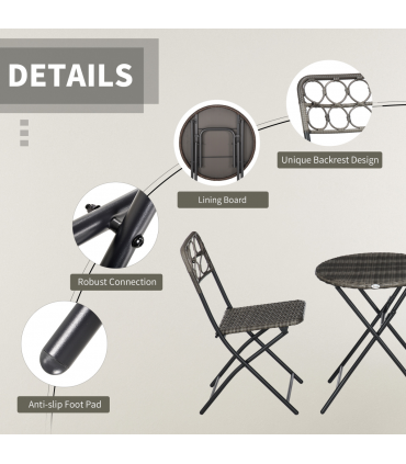 Outsunny 3 PCS Folding Rattan Wicker Bistro Set, Coffee Table Set, Grey