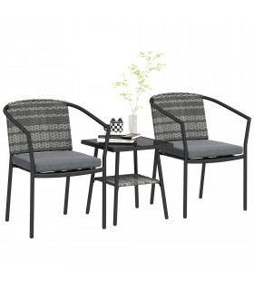 Outsunny 3 PCS Rattan Bistro Set with Cushions Glass Top Coffee Table and Chairs