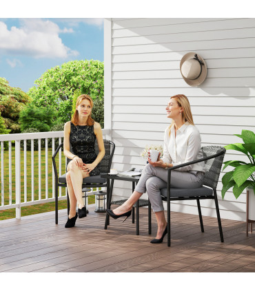 Outsunny 3 PCS Rattan Bistro Set with Cushions Glass Top Coffee Table and Chairs