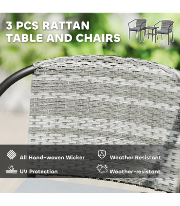 Outsunny 3 PCS Rattan Bistro Set with Cushions Glass Top Coffee Table and Chairs