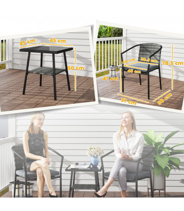 Outsunny 3 PCS Rattan Bistro Set with Cushions Glass Top Coffee Table and Chairs